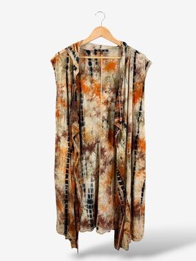 Coin 1804 Hooded Cardigan Vest Size 3X Brown Boho Tie Dye Sleeveless Longline